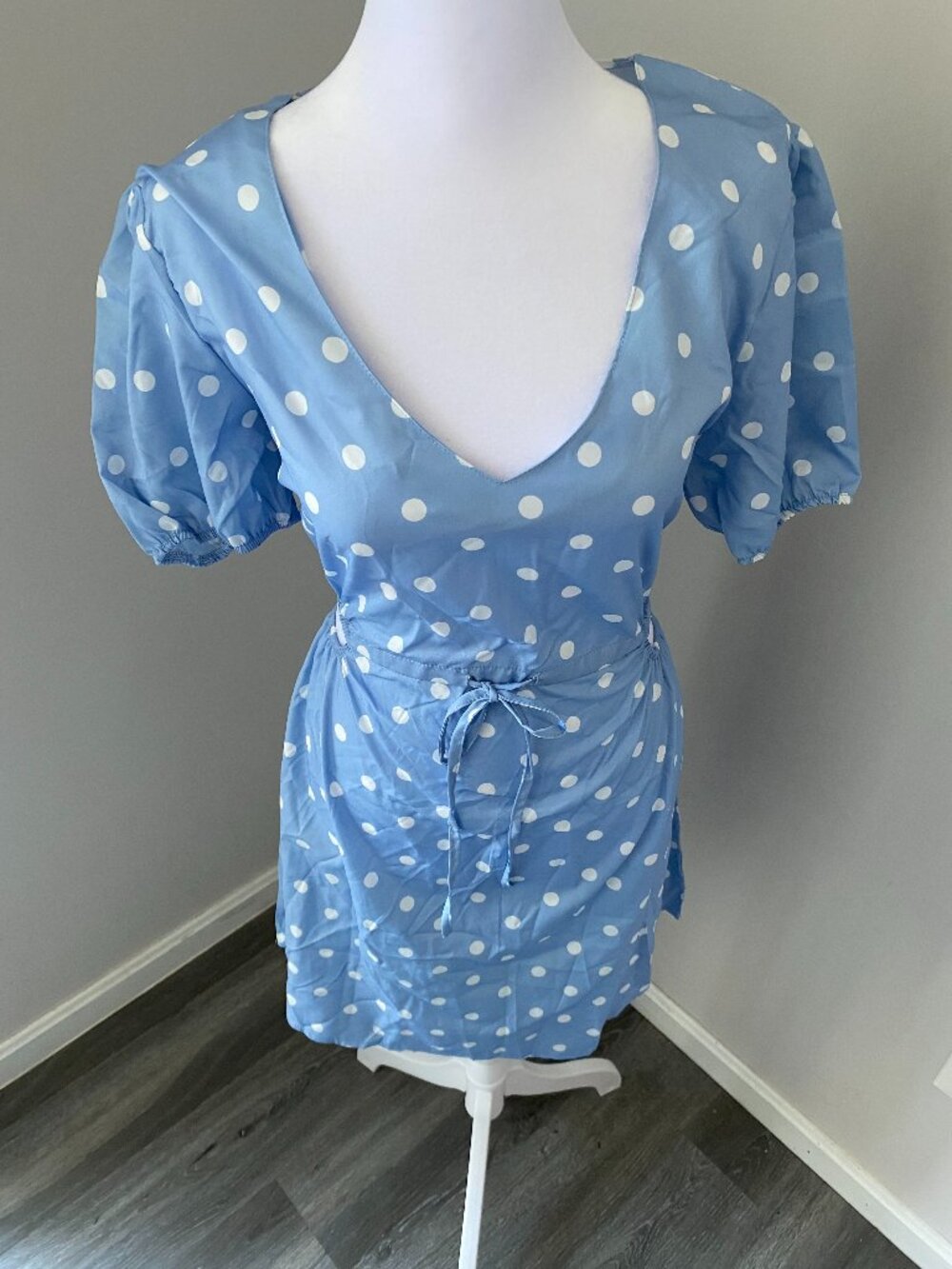Blue Polka Dot Cut-Out Puff Sleeve Dress